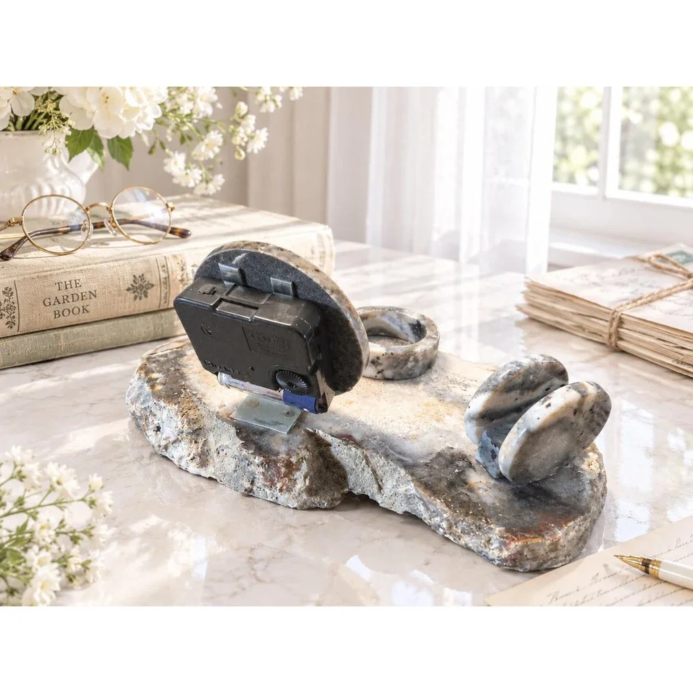 Vintage Natural Agate Stone Desk Set With Clock MCM Office Organizer